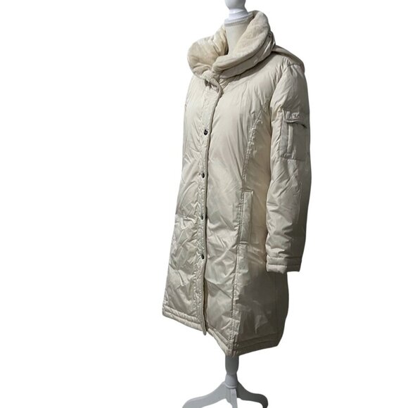 DKNY Neutral Long Urban Down Hooded‎ Scandinavian Winter Cottage Puffer Coat L - Picture 4 of 9